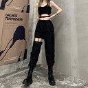 Decorative アシンメトリー カットアウト パンツ ドロスト 黒 ブラック ウエストゴム ダンス 衣装 ヒップホップ コスチューム 韓国ファッション 大きいサイズ 個性的 パンツ パンツ・ズボン