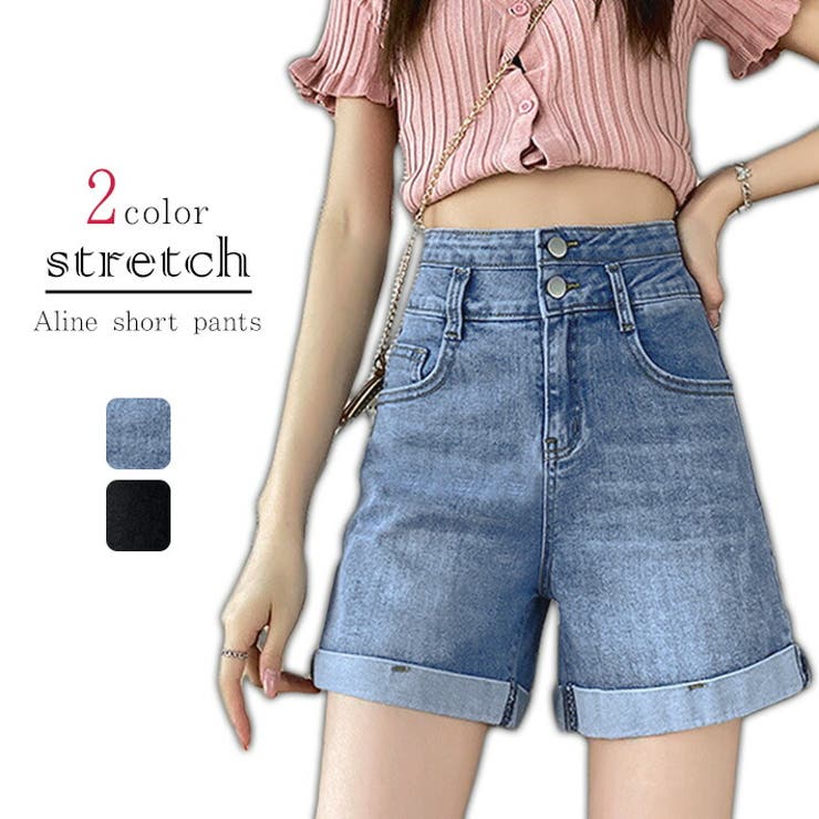 【10％OFFクーポン！11/27(木)1:59まで】ica デニム ショートパンツ ショーパン 短パン ハーフパンツ キュロットパンツ デニムパンツ ジーンズ ストレッチデニム ハイウエスト ゆったり Aライン ショート丈 ロールアップ 大きいサイズ