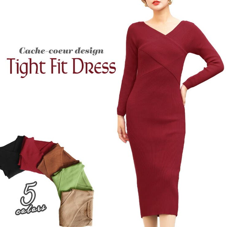 【10％OFFクーポン！2/10(火)1:59まで】ica 2WAY ワンピース ニットワンピース タイトワンピース ミモレワンピース ロングワンピース リブニット Vネック カシュクール ミモレ丈 ロング丈 肌見せ きれいめ セクシー 長袖 厚手 無地