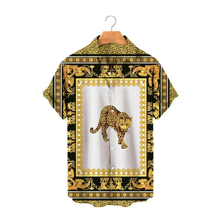 Decorative 柄シャツ ヒョウ柄 豹 レオパード アニマル柄 動物 ジャガー スカーフ柄 パネル イエロー 黄色 ゆったり 半袖 オーバーサイズ 衣装 コスチューム 韓国 大きいサイズ 個性的 春服 夏服 トップス