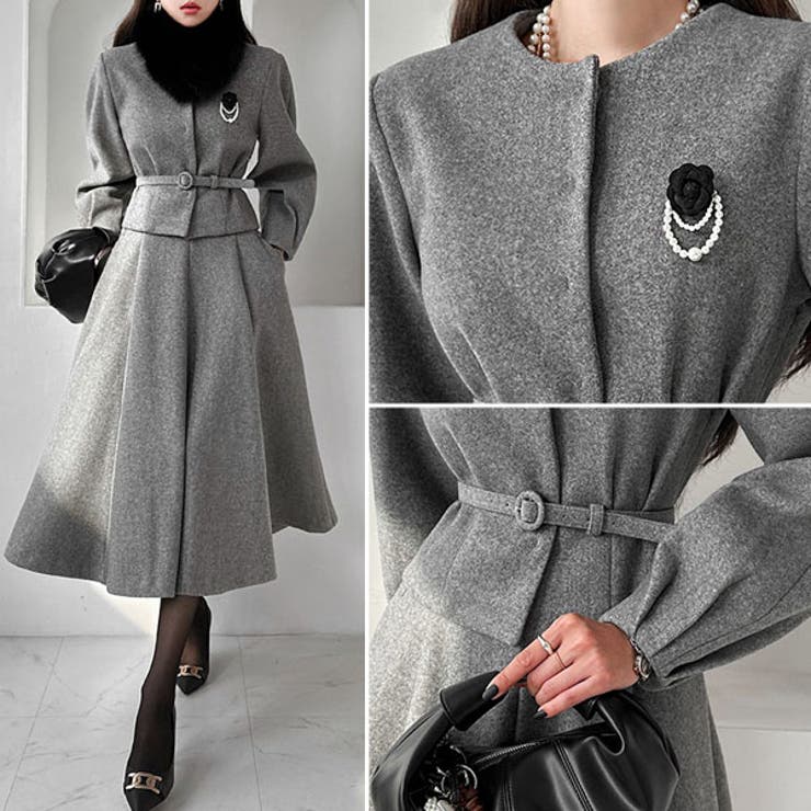 KawaiCat セットアップ レディース 長袖 ジャケット ノーカラー スカート ロング丈 マキシ丈 ミモレ丈 フレア Aライン 上下セット 上品 きれいめ 秋 冬 韓国 to28267 スーツ