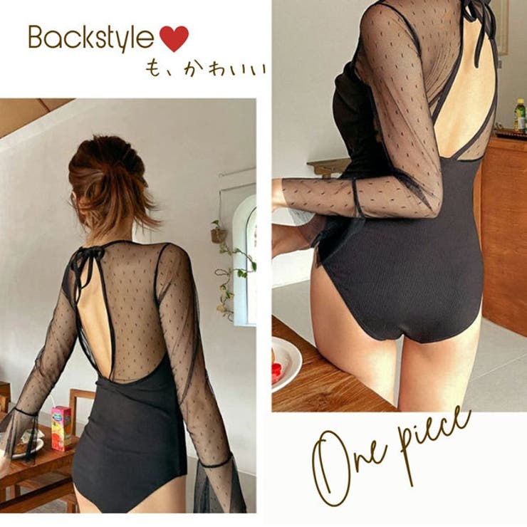 水着 & ビキニ レディース フィットネス通販 Upstairs 水着 レディース ブラック メッシュ シースルー 切替 ドット 長袖 ワンピース ボディスーツ 人気 かわいい 可愛い ママ ジム 女性 10代 20代 30代 40代 バンドゥ デザ