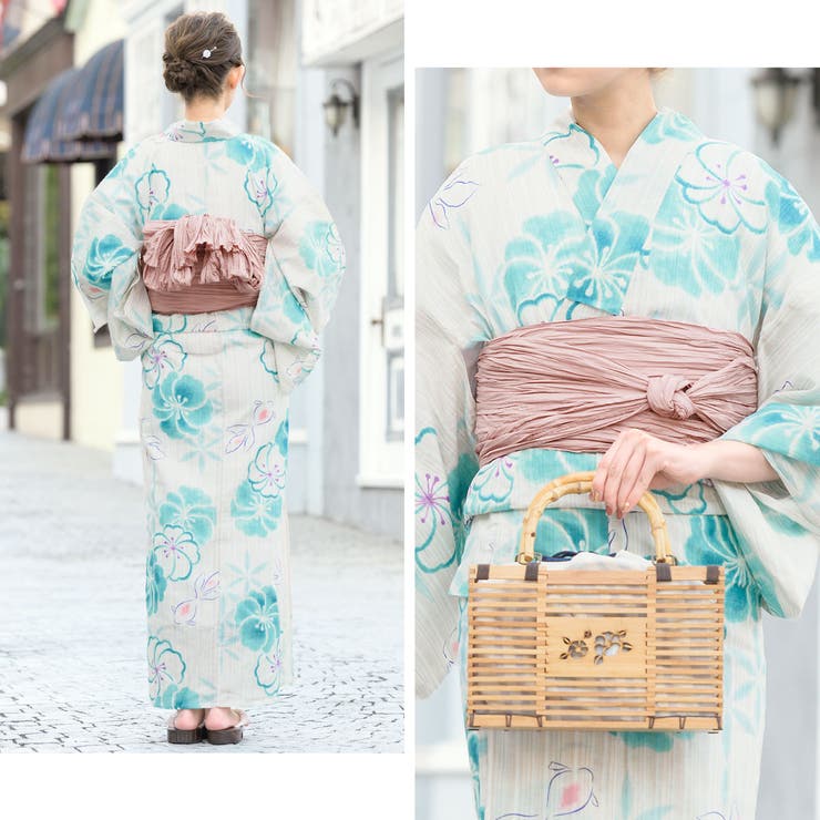 SOUBIEN 浴衣 セット レディース 浴衣セット 兵児帯 大人 2点セット（浴衣/帯） 薄茶色 ベージュ 青緑 ピンクベージュ 金魚 麻の葉 花 綿麻 夏 花火大会 ボヌールセゾン フリー【レトロ】 浴衣・着物