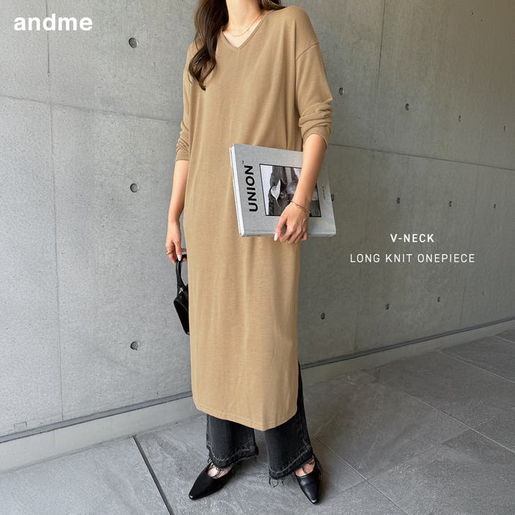 【4/17 9:59まで 10%OFFクーポン】Vネック ニットソー ワンピース 長袖 ロング スリット 薄手 無地 ロング丈 マタニティ M/Lサイズ