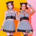 Tika バストカットコードブラックレースキャットガールコスチューム ハロウィンコスプレ ガーリーコスプレ セクシー エロかわ アニマル セットアップ Mサイズ ブラック ホワイト モノトーン チェック柄 あいみん ももあ Tika ティカ コスチューム