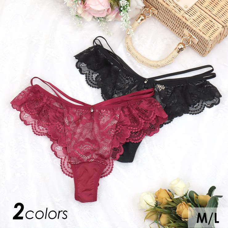 my minette サイドダブルコード総レースTバックショーツ 単品 勝負下着 セクシーランジェリー ビジュー M-Lサイズ ワインレッド ブラック myMi...