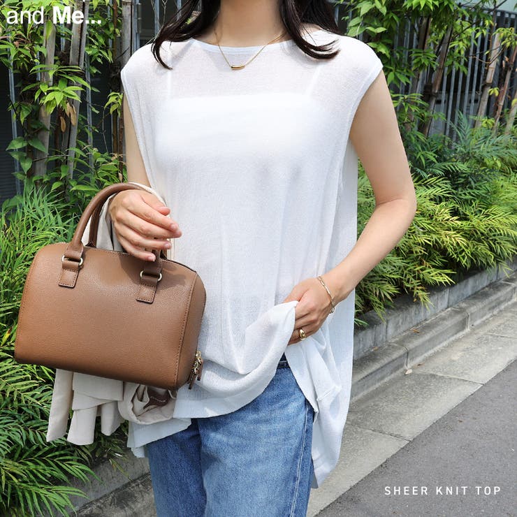andme リネンタッチ ノースリーブ ニット トップス レディース 麻 ラウンドネック シアー 透け感 Aライ..