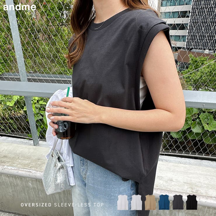 【7/11 1:59まで 5%OFFクーポン】andme ロング丈 ノースリーブ トップス オーバーサイズ レディース クルーネック サイドスリット 体型カバー ベーシック 無地 トレンド感 春 夏 秋 トップスのサムネイル
