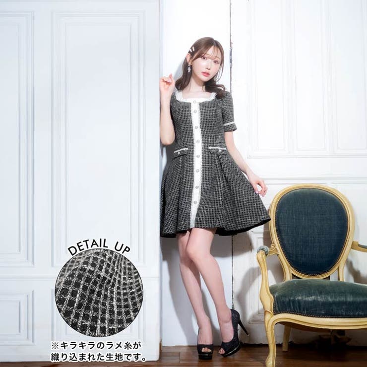 Dazzy [XS~Lサイズ]モノトーンチェックパールビジューレースライン半袖Aラインミニドレス ワンピース・ドレス