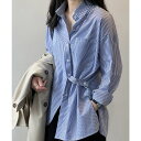 【20%OFFクーポン 9/10 23:59まで】aimoha 【Banico】バック・Aスリットのストライプ柄ロングブラウス トップス