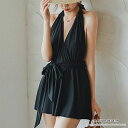maison de LATIR 背中魅せが華やかなホルターネックワンピース水着 バックリボン ウエストリボン Vネック ブラック シック オシャレ韓国ファッション 夏 セクシー 夏服 韓国 ホーム オフィス 水着