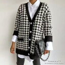 maison de LATIR ルーズ感がオシャレな千鳥格子柄ニットカーディガン ミドル丈 夏 夏 Vネック ゆったり アウター 華やか 長袖 コート トップス