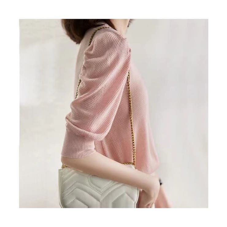 maison de LATIR ふわっとしたシルエットが女性らしいパフスリーブサマーニット　春　ラウンドネック　半袖　トップス　ボリュームスリーブ　上品　オシャレ　着回し結婚式 フォーマル オフィス　春　韓国ファッション トップス