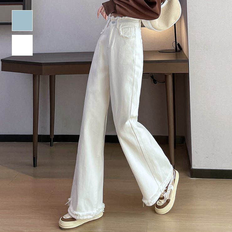 【20％OFFクーポン！3/21(土)限定】maison de LATIR 大人のこなれ感を演出する裾フリンジワイドデニムパンツ 切りっぱなし ロングパンツ カジュアル おしゃれ トレンド 韓国 フレアパンツ パンツ・ズボン
