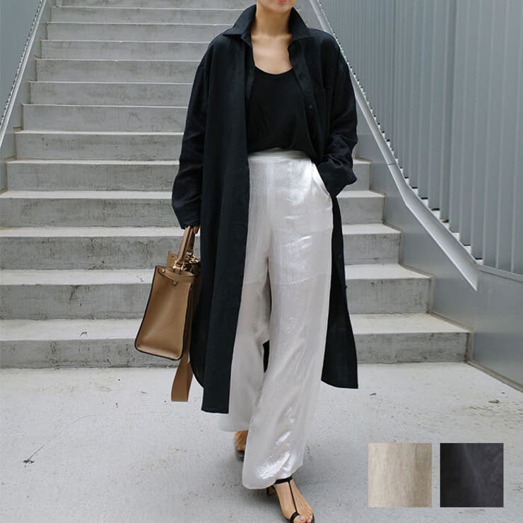 maison de LATIR 大人の余裕を感じさせるスリット入りロングシャツワンピース 前開き カジュアル ゆったり 大きめ トレンド シンプル 無地 長袖 冬 ワンピース・ドレス