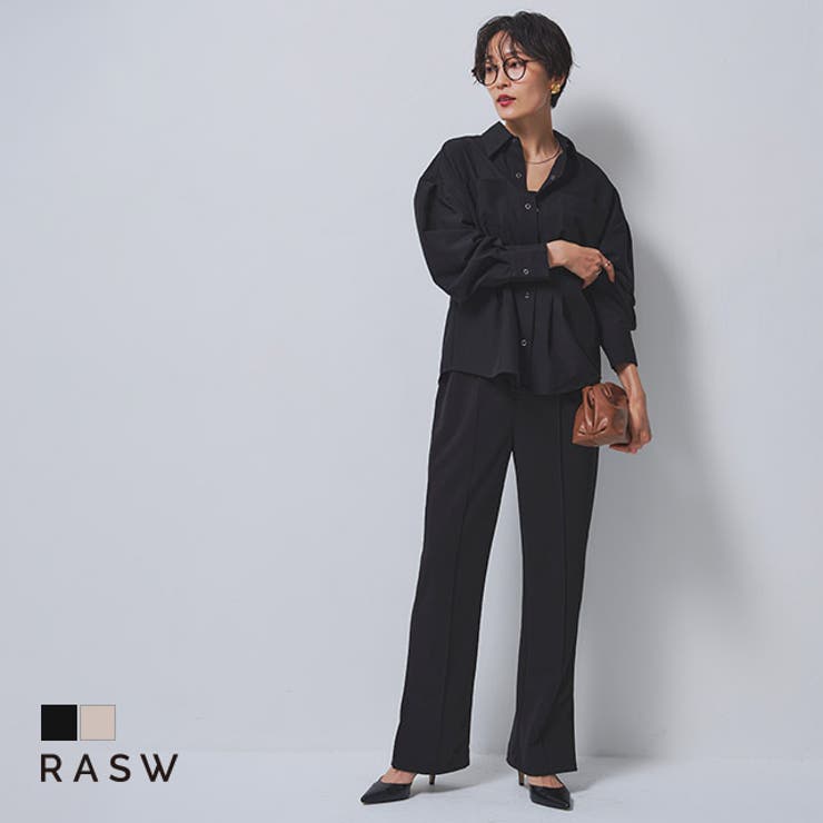 【10％OFFクーポン！本日実施中】Pierrot ハイストレッチスリットイージーパンツ ☆ パンツ ストレッチ イージーパンツ ピンタック 美脚見え シンプル 上品 オフィスカジュアル 黒 ベージュ レディース RASW ラス 夏 パン