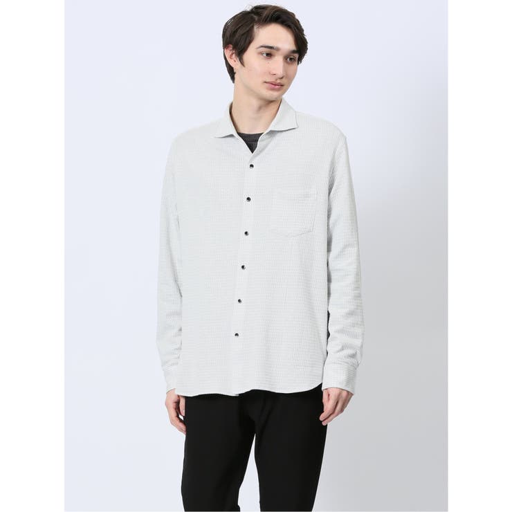 【10%OFFクーポン!11/27(木)1:59まで】TAKA-Q MEN ストレッチジャガード ワイドカラー長袖シャツ トップス