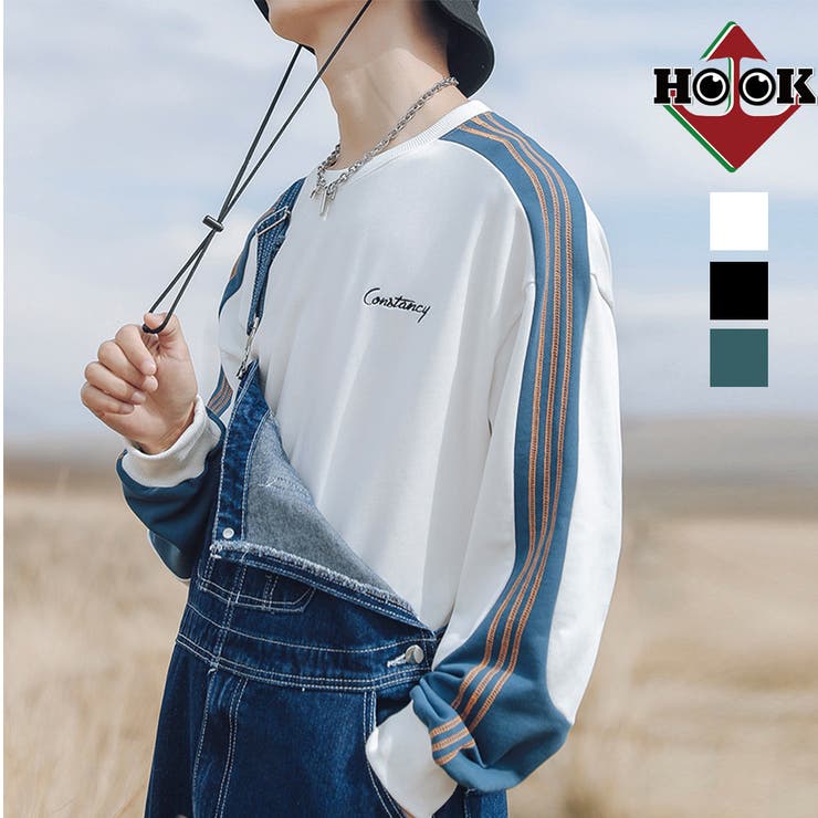 【10％OFFクーポン！3/26(木)1:59まで】HOOK 在庫限り 袖配色切り替えスウェット 韓国ファッション 長袖トレーナー ストリート系 ロンT オーバーサイズ パーカー ビッグシルエット メンズ レディース 大きいサイズ ワイドパンツ フォトT