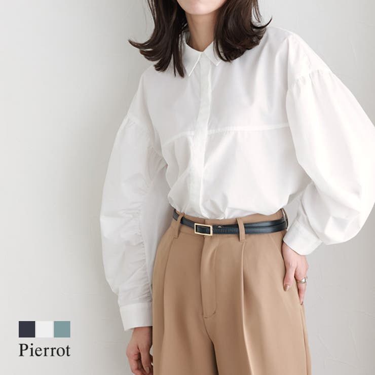 【10％OFFクーポン！7/26(日)1:59まで】Pierrot 袖シャーリングシャツ ☆ シャツ ブラウス シャーリング 襟付き オフィス 体型カバー レディース Pierrot ピエロ トップス