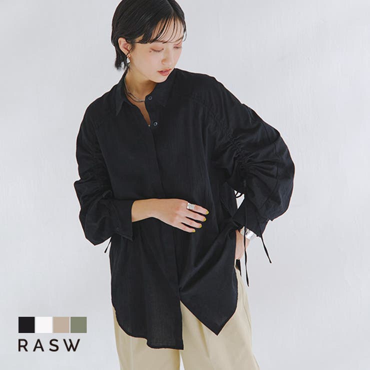 【10％OFFクーポン！7/26(日)1:59まで】Pierrot [RASW]ドロストシャーリングシャツ ☆ RASW シャツ シャーリング コットン 綿100％ 比翼仕立て シボ加工 カーキ ピエロ トップス