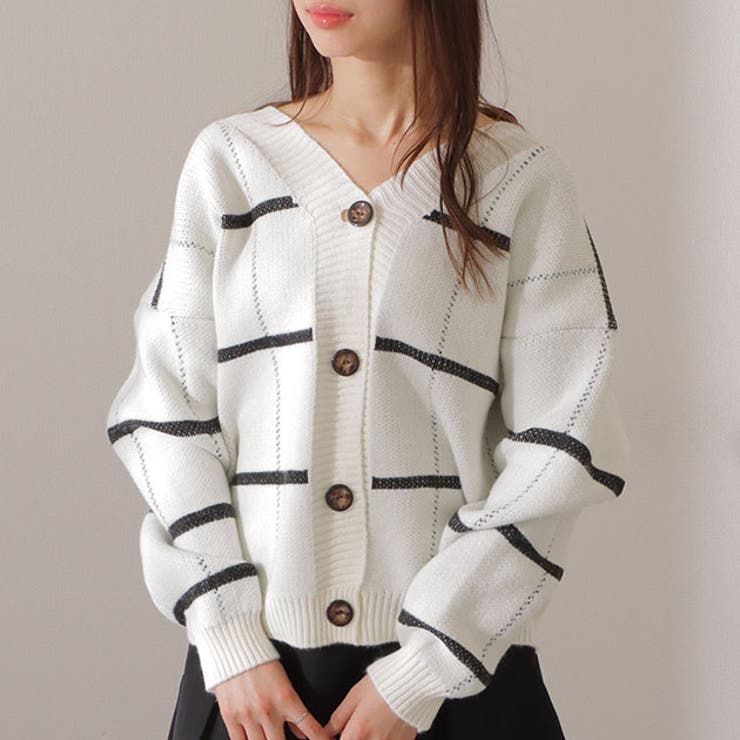 Rakuten - 【10％OFFクーポン！6/26(金)1:59まで】レースレディース 配色 チェック Vネック ニット カーディガン 女性 レディース トップス セーター 秋 冬 ソフト バイカラー ゆったり オーバーサイズ カジュアル 可愛い ガーリー 体型カバー デ