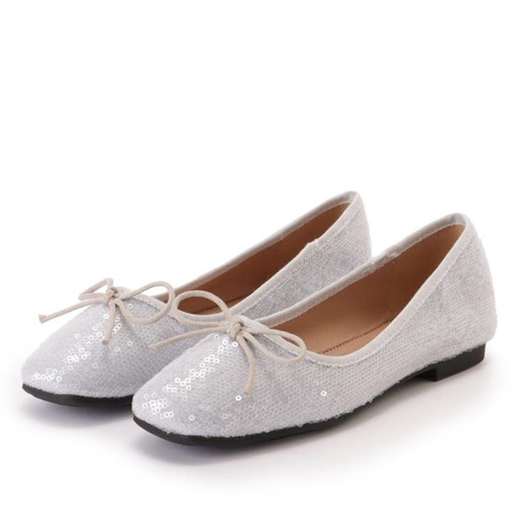 レースレディース スクエアトゥ スパンコール リボン フラット パンプス 女性 レディース 靴 シューズ ..