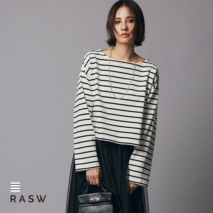 Pierrot [RASW]綿100%ボーダークロップドロンT ☆ ロンT クロップド丈 ボーダー 綿100 ボクシーシルエット ボートネック ワイドスリーブ ピエロ トップス