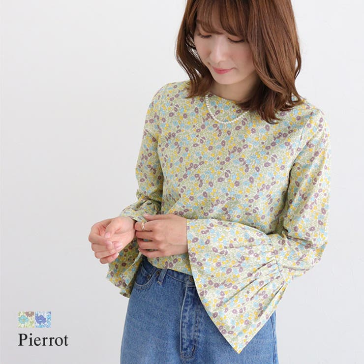 【10％OFFクーポン！7/26(日)1:59まで】Pierrot 花柄ベルスリーブブラウス ☆ ブラウス ベルスリーブ 花柄 フェミニン ベル袖 花柄ブラウス 花 ピエロ トップス