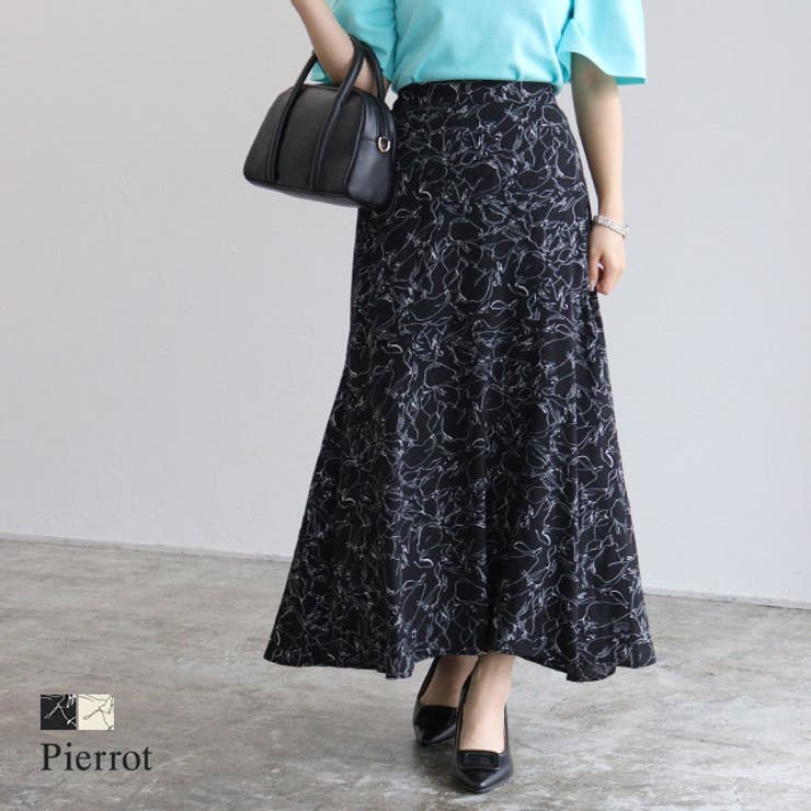 Pierrot 線画裾切り替えヘムスカート ☆ スカート 線画 切り替え ヘムデザイン 様見え 落ち感 繊細線画 ロング丈 ピエロ スカート