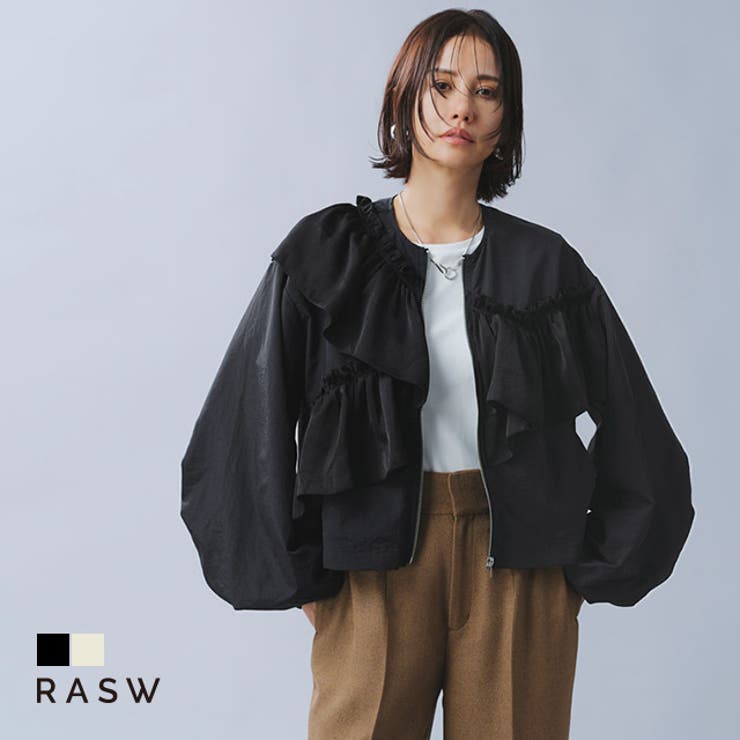 Pierrot [RASW]フリルブルゾン ☆ ブルゾン フリル アウター クロップド丈 ボリューム感 ナイロン素材 女性らしさ ツヤ カジュアル ギャザーフリル ボリューム袖 ピエロ アウター(コート・ジャケットなど)のサムネイル