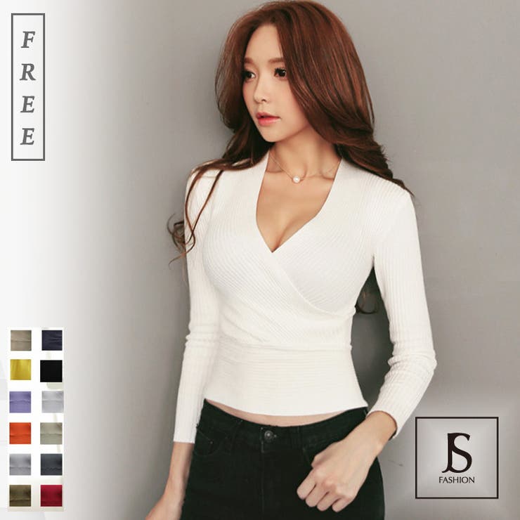 JS FASHION ショート丈 トップス 薄手 ニット カシュクール 深いVネック タイト ニットトップス 長袖 大人カジュアル ピラティス ダンス ヨガ フィットネス 春 夏 秋 冬 春服 夏服 ストレッチ 黒 白 サマーニット トップス