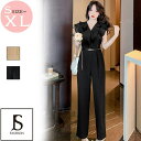 JS FASHION パンツドレス フレンチスリーブ オールインワン フリル 全2色 ロングパンツ ワイドパンツ マキシ丈 ロング丈 きれいめ デイリーおしゃれ 黒 大人ガーリー フェミニン お呼ばれ 結婚式 食事会 女子会 リゾート 大きいサイズ 春夏