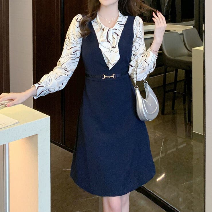 JS FASHION レイヤード風 Aラインワンピース ボウタイ マーブル柄 Aライン ワンピース 長袖 膝上丈 紺 ミニ丈 ミニワンピース 春ワンピース ガーリー きれいめ 上品 エレガント お出かけ 通学 通勤 オフィスカジュアル 成人式 春コーデ