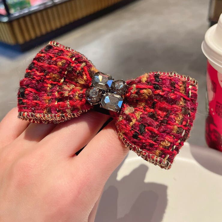 JS FASHION ヘアゴム 単品 1個のみ リボンモチーフ ツイード ビジュー付き 普段使い 赤 りぼん ヘアア..