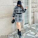 JULIA BOUTIQUE チェック柄シャギータッチニットトップス+ミニスカートセットアップ [23585 長袖 ショート タイト Uネック ブラック 黒 セ...