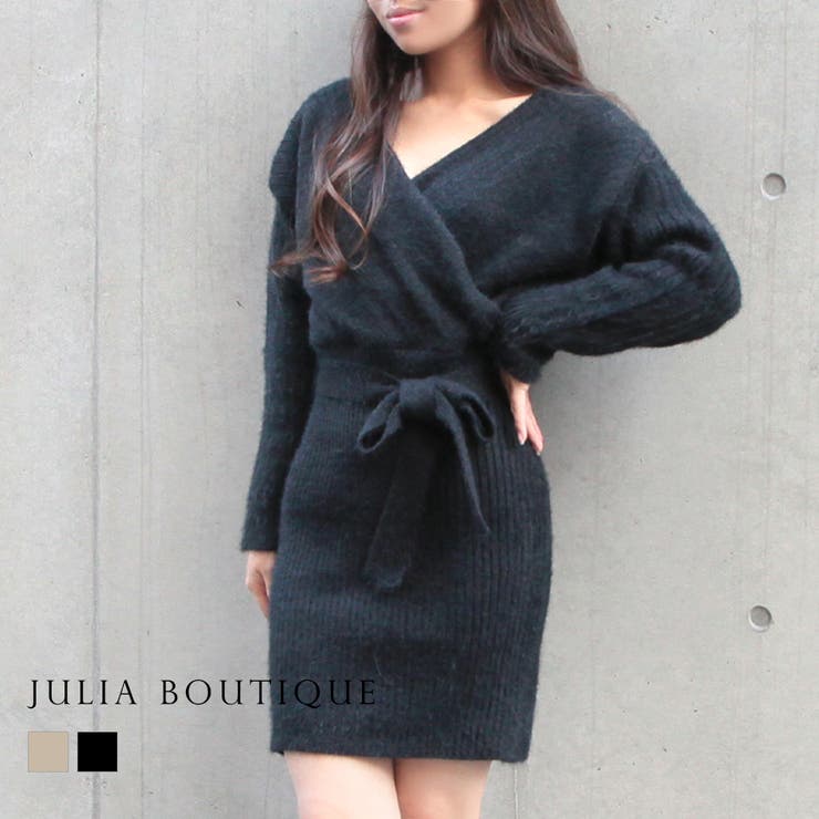 JULIA BOUTIQUE リボン付きカシュクールシャギータッチニットワンピース [23600 長袖 ショート ミニ タイト 無地 Vネック レディース ブラック 黒 ベージュ ] ワンピース・ドレス