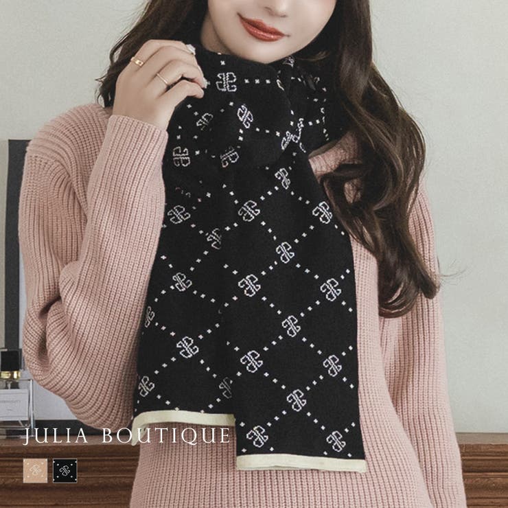 【10％OFFクーポン！3/26(木)1:59まで】JULIA BOUTIQUE モノグラム柄ニットストール [23556 総柄 レディース 防寒 服飾雑貨 ブラック 黒 ベージュ ] 小物