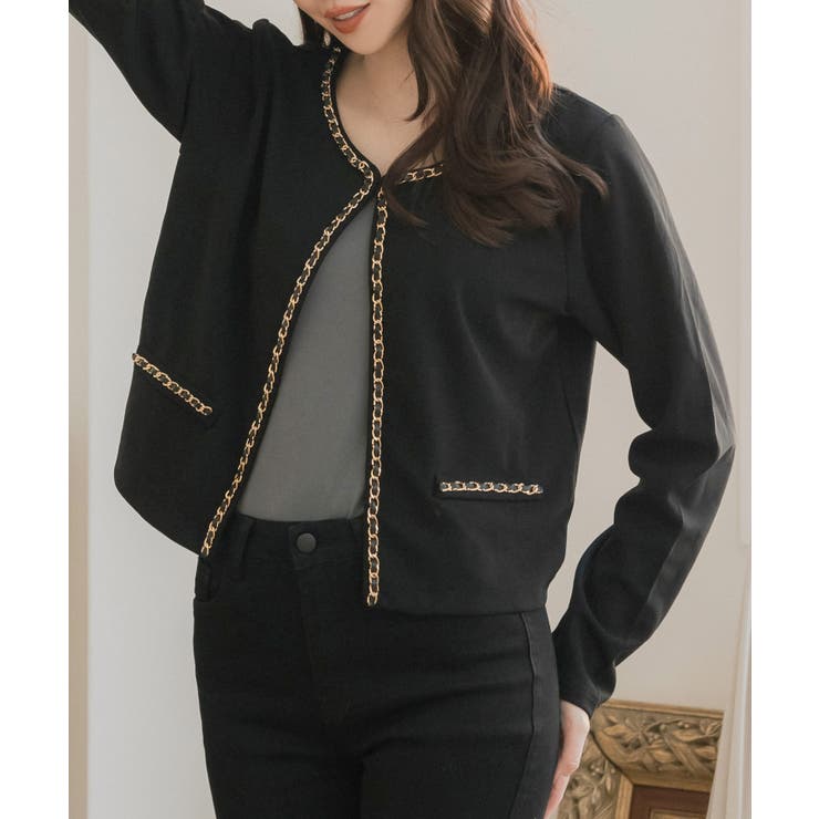 【10％OFFクーポン！2/23(月)1:59まで】JULIA BOUTIQUE チェーン付ポンチジャケット [24506 長袖 ミドル 無地 Uネック レディース ライトアウター 上着 ボトムス ブラック 黒 グレー ] アウター(コート・ジャケットな