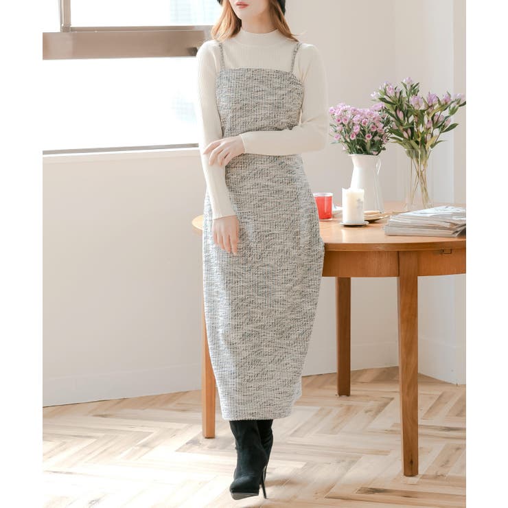 【10％OFFクーポン！2/23(月)1:59まで】JULIA BOUTIQUE ツイードキャミワンピース [24502 ロング丈 マキシ丈 タイト レディース ブラック 黒 ] ワンピース・ドレス