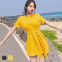 JOCOSA ワンピース ミニワンピース リボン レディース 春 夏 秋 新作 半袖 ショート丈 無地 ハイウエスト シンプル セクシー 大人 カジュアル スト...