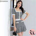 JS FASHION セットアップ 千鳥柄 チェック柄 ショート丈トップス ミニスカート 白黒 バイカラー スクエアネック 半袖 裾フリル Aラインスカート 春服 夏服 きれいめ 好印象 ガーリー デイリー おしゃれ スリム 細見え 大きいサイズ 韓国フ