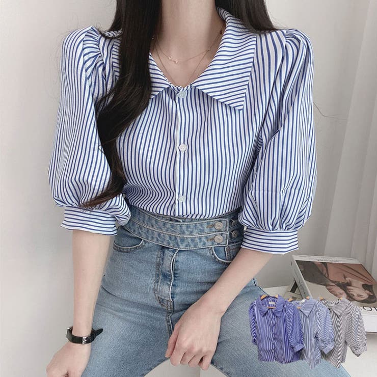 【10％OFFクーポン！7/26(日)1:59まで】VIVID LADY 韓国ファッション ブラウス シャツブラウス レディース 半袖 春 ストライプ柄 ブラウス オフィス 春夏 ブラウス レディース 韓国 ボリューム袖 ブラウス 半袖 韓国 bldo2