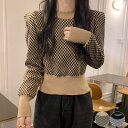 VIVID LADY 春チェック柄配色ニット長袖 レディース Y2K ショート丈 ニット 可愛い クルーネックニット 長袖 韓国 春 デイリー スタイリッシュ ニットセーター 春 伸縮性 配色 バイカラー kndo1018 トップス(4)