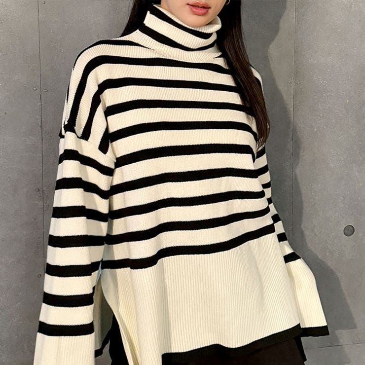 VIVID LADY タートルネック 長袖 ボーダー ニット 韓国ファッション トップス ニットセーター チュニックニット ロンT きれいめ 冬服 長袖Tシャツ カジュアル 秋 冬 レディース ニット ゆったり ニット トップス