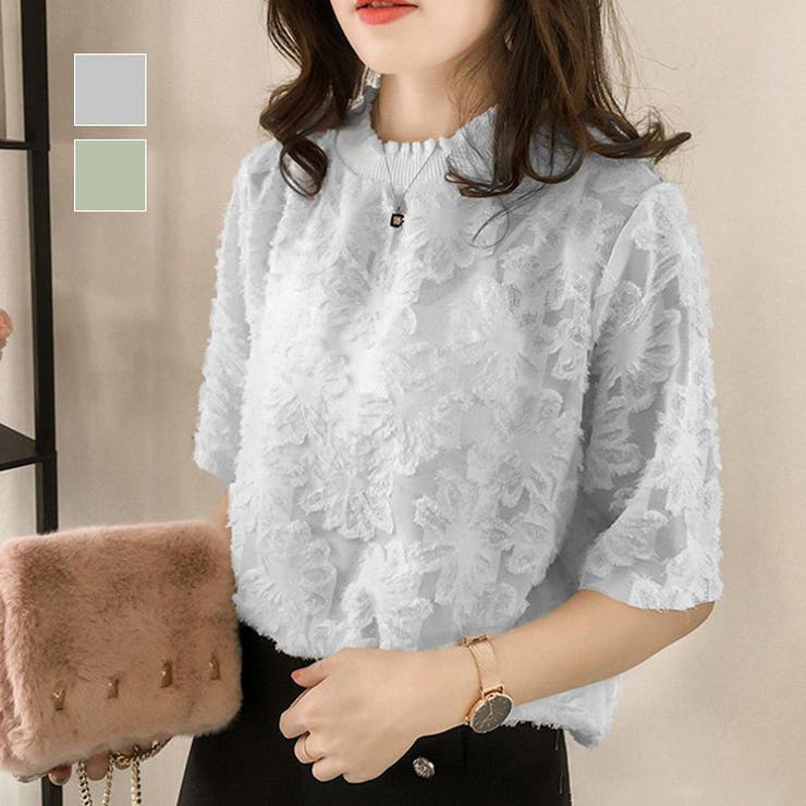 【10％OFFクーポン！11/27(木)1:59まで】maison de LATIR 華やかさを詰め込んだシアーフロッキー半袖ブラウス 花柄 可愛い きれいめ 上品 フェミニン 秋 5分袖 プルオーバー 通勤 パーティー トップス