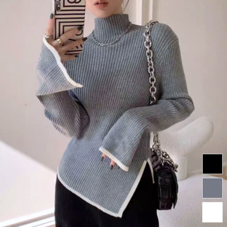 maison de LATIR 着るだけでオシャレ見えする袖フレアアシンメトリー配色ニット ニット セーター 長袖 タートルネック ハイネック フレア スリット アシンメトリー おしゃれ レディース 女子会 旅行 おでかけ トップス