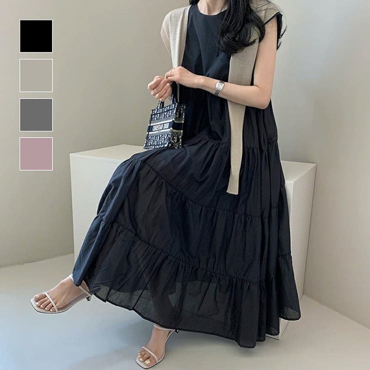 maison de LATIR 1枚で秋コーデが完成するフレンチスリーブティアードワンピース 女性らしい 半袖 プルオーバー ロング マキシ丈 大人 カジュアル ゆったり結婚式 フォーマル オフィス 秋 韓国ファッション パンツ ドレス ワンピース・ドレ