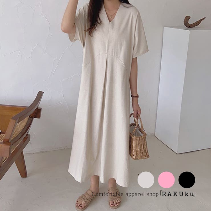 RAKUku ストレスフリー Vネック ゆったりワンピース 半袖 ロング丈 ワンピース・ドレス