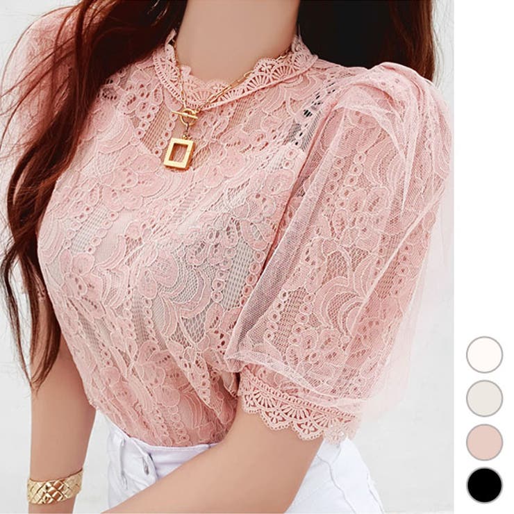 【10％OFFクーポン！7/26(日)1:59まで】KawaiCat ブラウス レディース トップス 半袖 レース 総レース パフスリーブ カットソー シースルー 上品 きれいめ 春 夏 30代 40代 50代 韓国 to23067 トップス