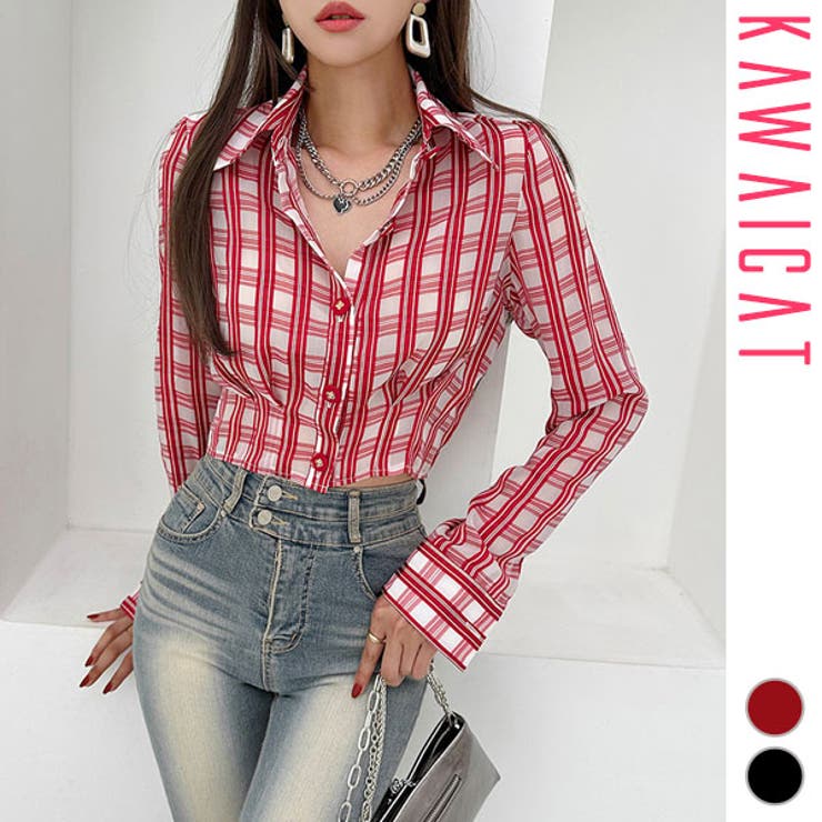 【10％OFFクーポン！7/26(日)1:59まで】KawaiCat シャツ レディース 長袖 トップス 襟付き チェック ブラウス ショート丈 クロップ タイト スリム カジュアル オフィス おしゃれ 春 秋 韓国服 韓国 to27785 トップス